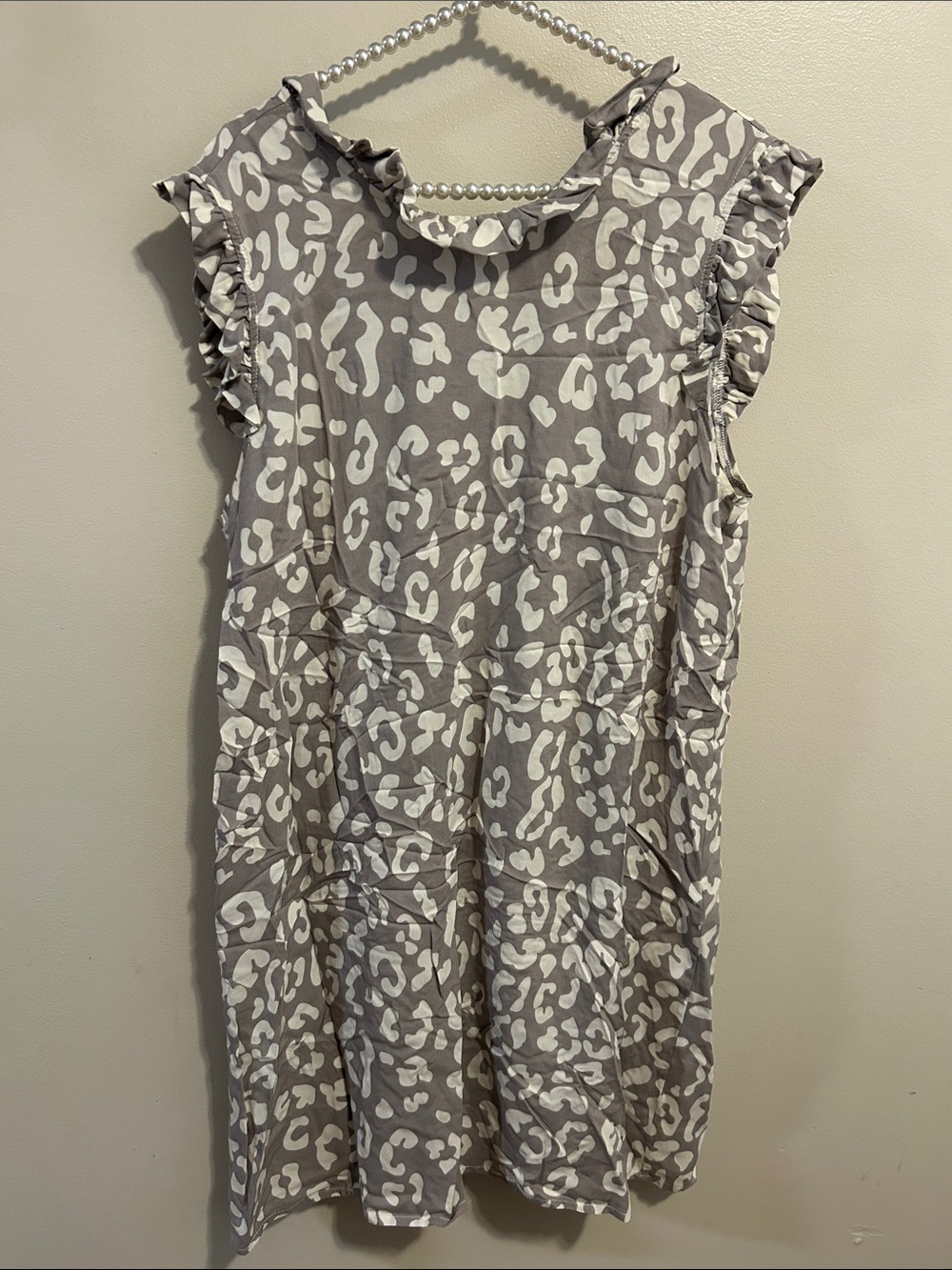 Mary Square Gray Leopard Print Ruffle Sleeve Dress Large Viscose